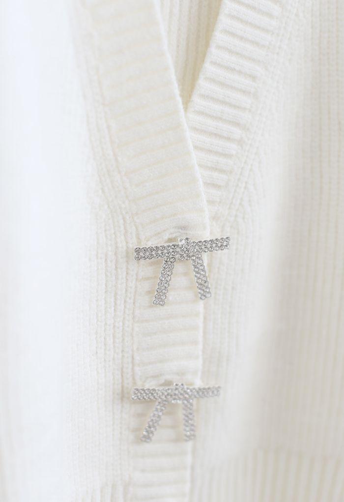 BOWKNOT BROOCH BUTTON UP CROP KNIT CARDIGAN