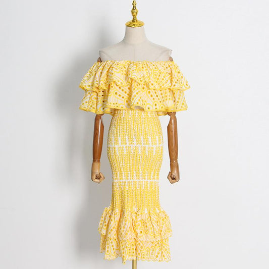 Embroidered shirt fishtail skirt set