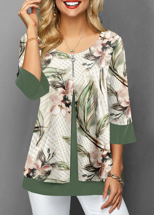 3/4 Sleeve Floral Print Faux Two Piece Blouse