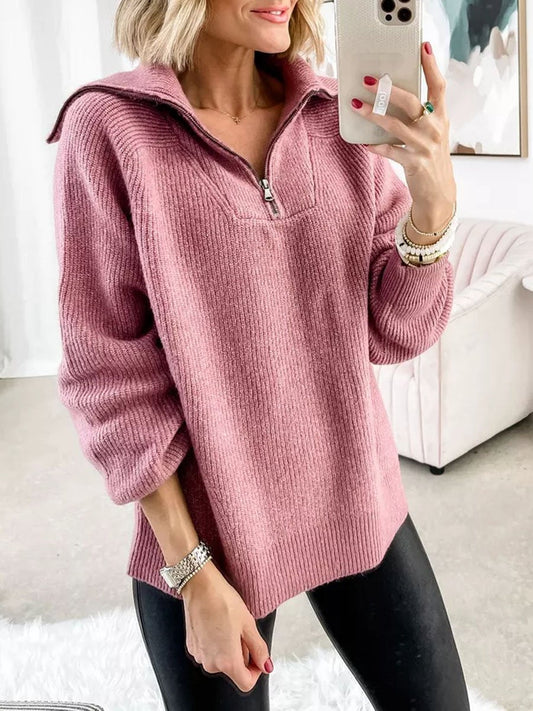 Solid Zipper Up Fashion Casual Sweater