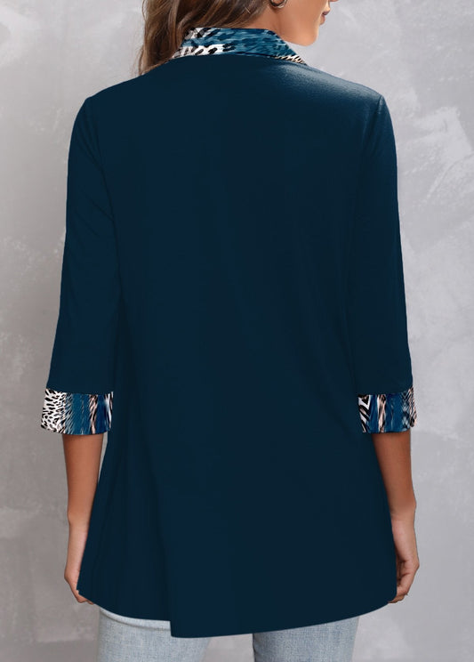 Asymmetric Hem Shirt Collar Dark Blue Blouse