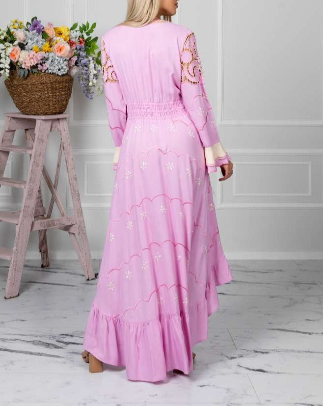 Pink v-neck embroidered dress