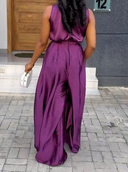 Satin Halterneck Sleeveless Waisted Wide-Leg Jumpsuit