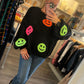 SMILEY FACE KNIT DROPPED SHOULDERS LOOSE PULLOVER SWEATER
