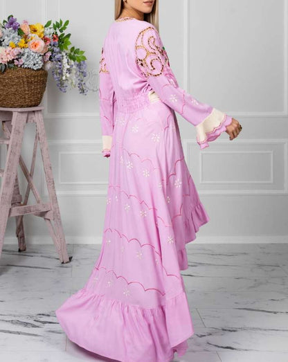 Pink v-neck embroidered dress