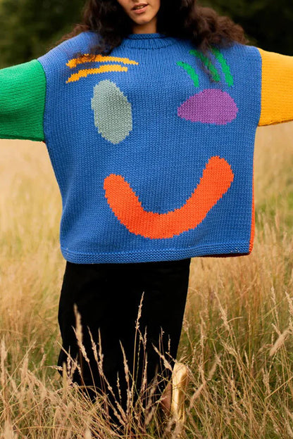 COLORFUL SMILEY FACE LOOSE PULLOVER SWEATER