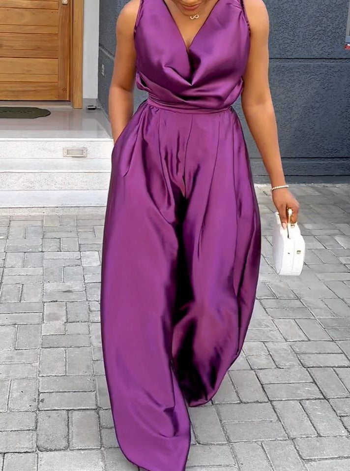 Satin Halterneck Sleeveless Waisted Wide-Leg Jumpsuit