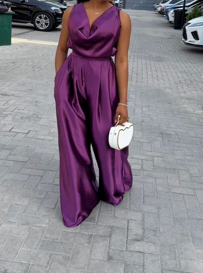 Satin Halterneck Sleeveless Waisted Wide-Leg Jumpsuit