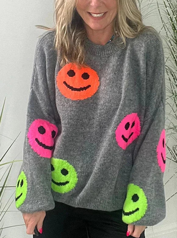 SMILEY FACE KNIT DROPPED SHOULDERS LOOSE PULLOVER SWEATER