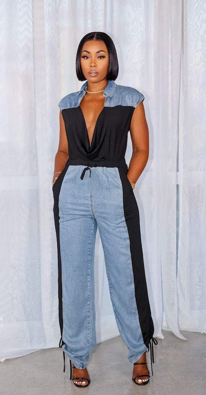 Deep V Denim Patchwork Sleeveless Jumpsuit