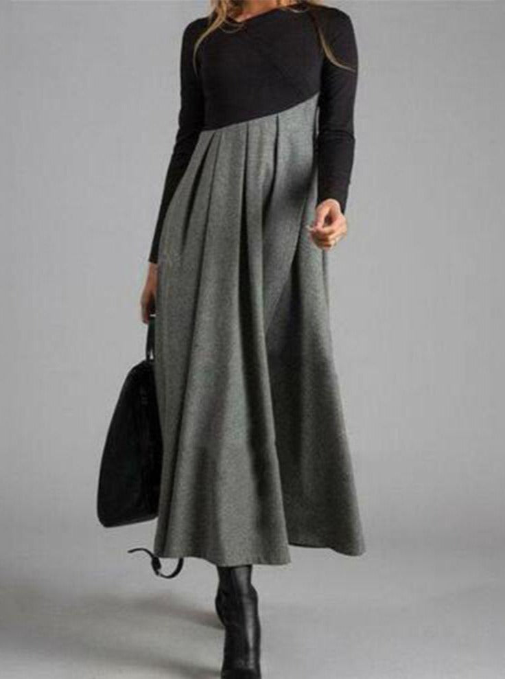 Stylish Color Block Long Sleeve Midi Dress