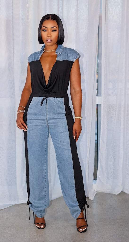 Deep V Denim Patchwork Sleeveless Jumpsuit