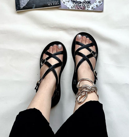 Cross Strap Double Buckle Platform Sandals