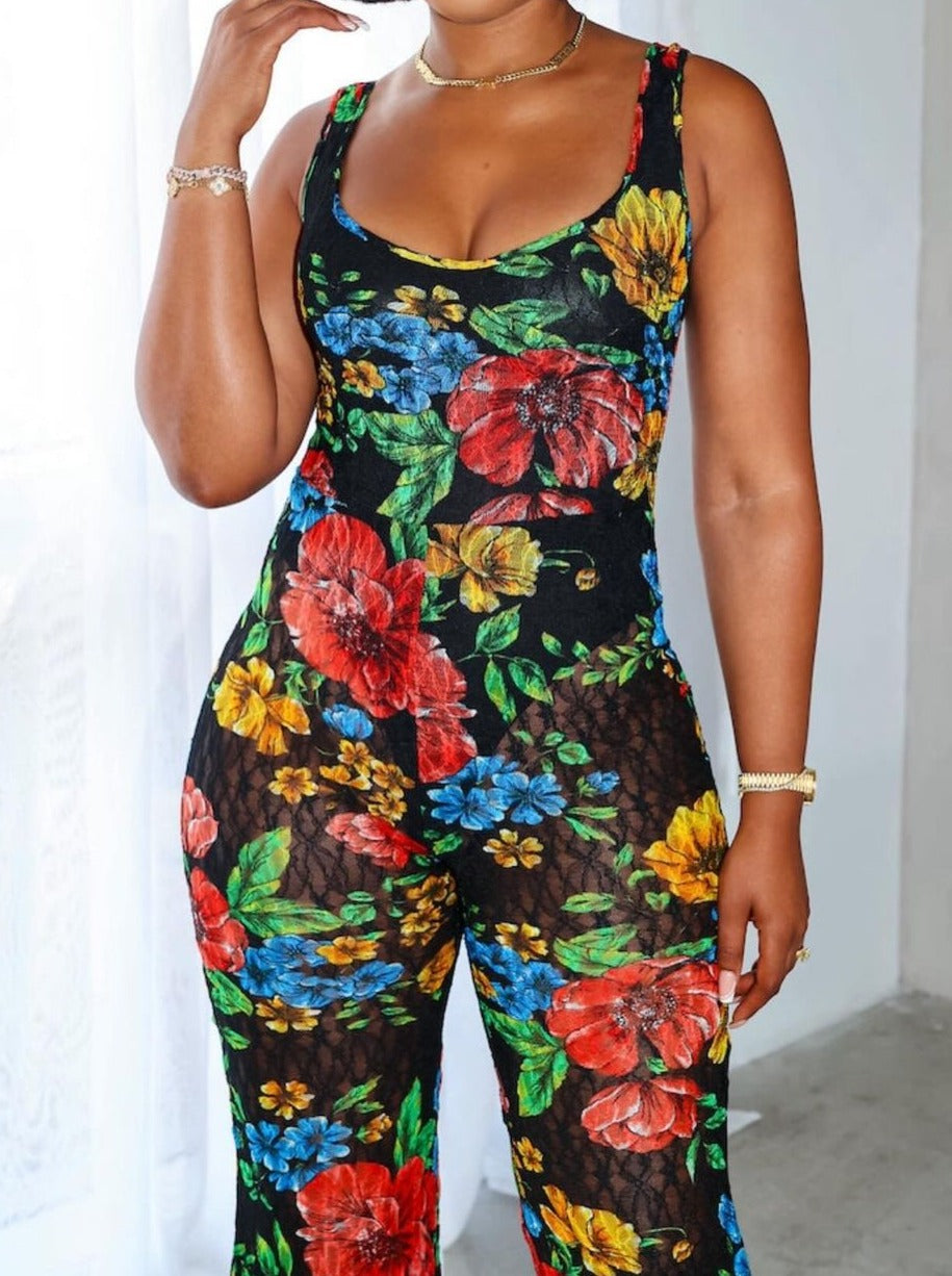 Chic Floral Print Suspender Jumpsuit