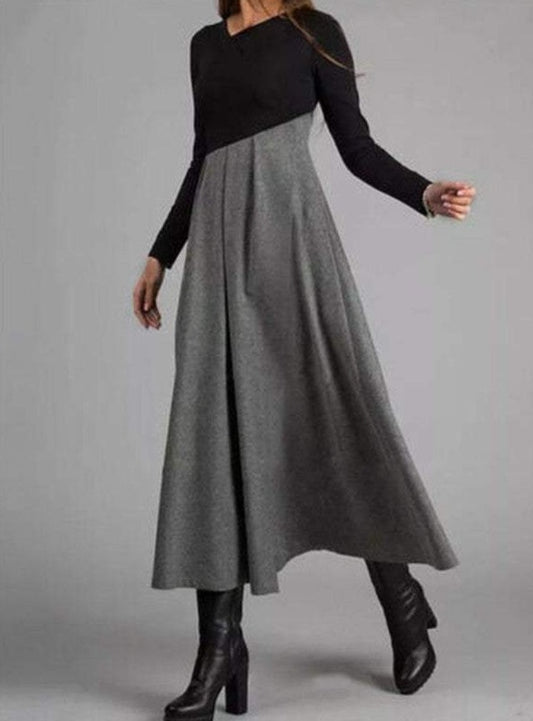Stylish Color Block Long Sleeve Midi Dress