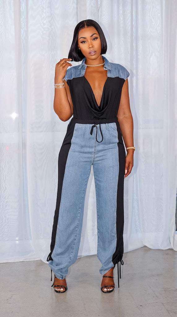 Deep V Denim Patchwork Sleeveless Jumpsuit