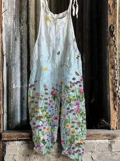 Blue White Print Loose Casual Jumpsuit