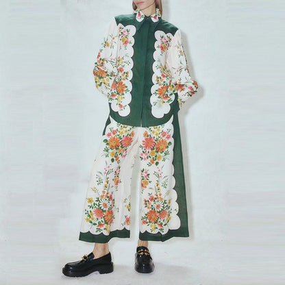 Floral Print Turtleneck Puff Sleeve Suit
