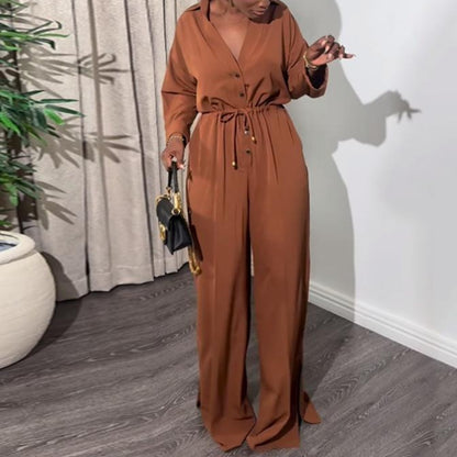 Solid Color Long-Sleeved Button-Down Wide-Leg Jumpsuit