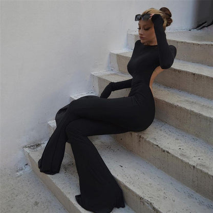 Fashionable women's long-sleeved backless slim straight wide-leg casual jumpsuit