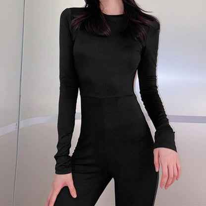 Fashionable women's long-sleeved backless slim straight wide-leg casual jumpsuit