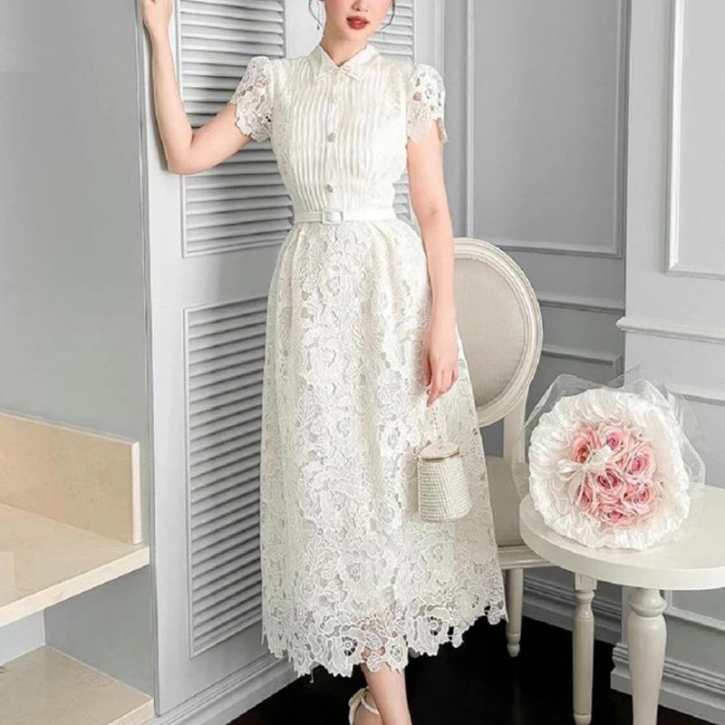 Hollow white lace long dress