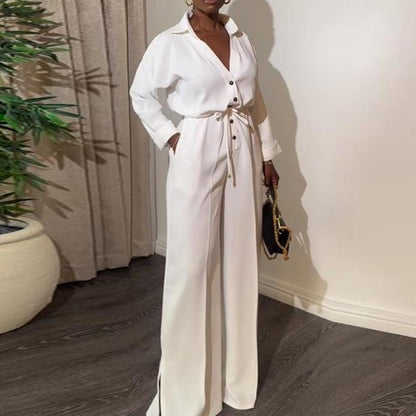 Solid Color Long-Sleeved Button-Down Wide-Leg Jumpsuit