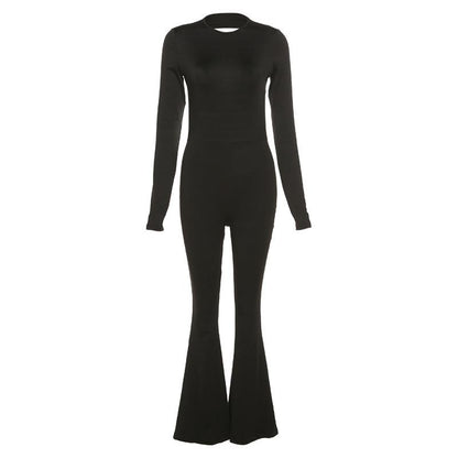 Fashionable women's long-sleeved backless slim straight wide-leg casual jumpsuit