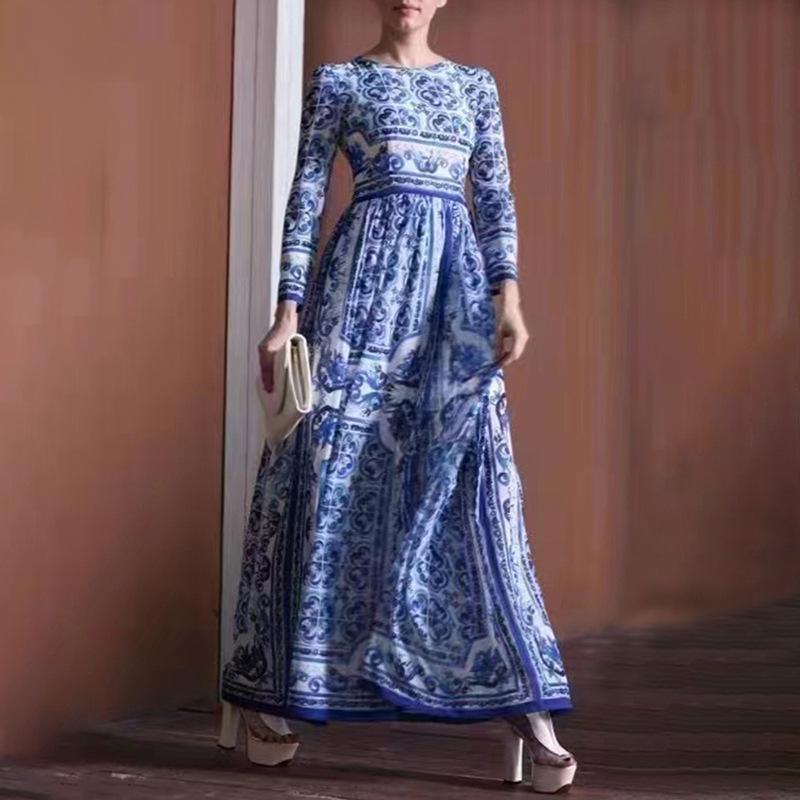 Vintage style celadon print long-sleeved dress