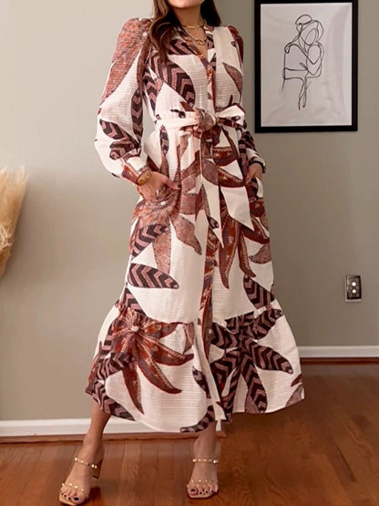 Lace Up Printed Long Sleeve Maxi Dress