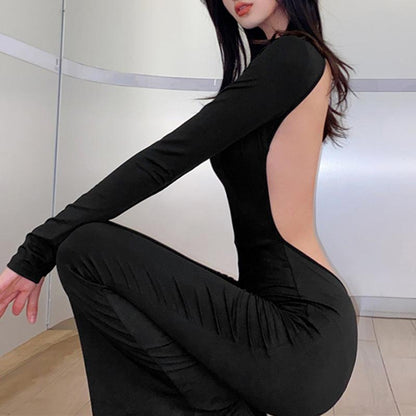 Fashionable women's long-sleeved backless slim straight wide-leg casual jumpsuit