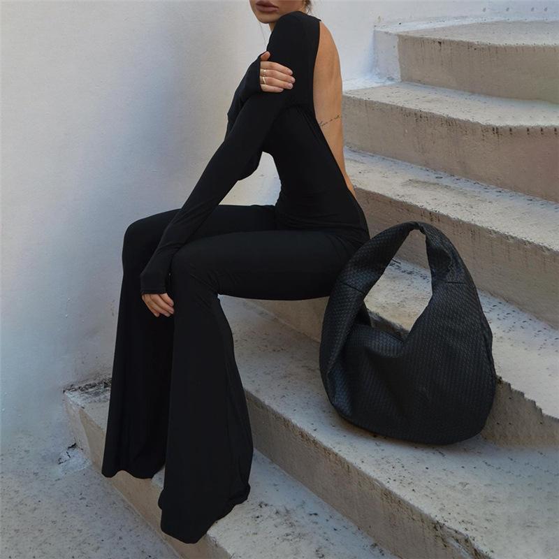 Fashionable women's long-sleeved backless slim straight wide-leg casual jumpsuit