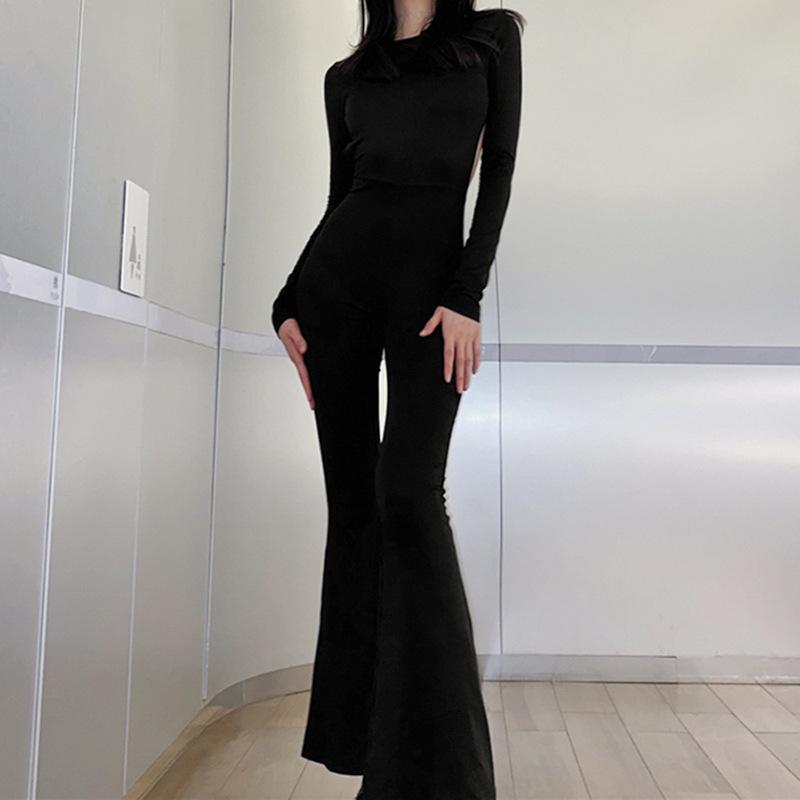 Fashionable women's long-sleeved backless slim straight wide-leg casual jumpsuit