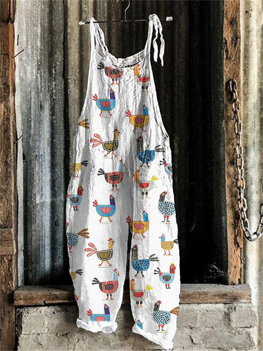 Painted Cartoon Chicken Print Loose Casual Jumpsuit