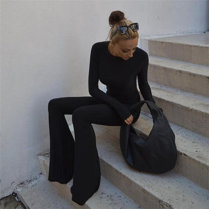 Fashionable women's long-sleeved backless slim straight wide-leg casual jumpsuit