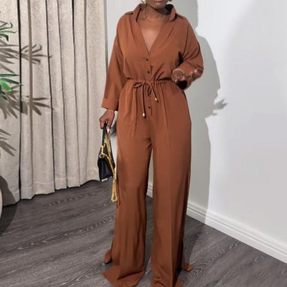 Solid Color Long-Sleeved Button-Down Wide-Leg Jumpsuit