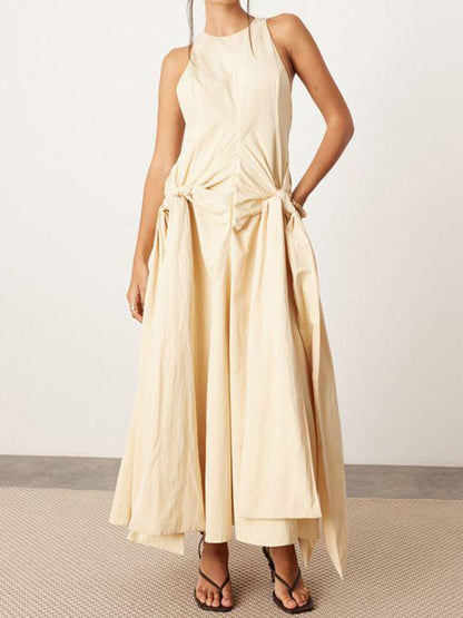 Racer Neck Drop Waist Maxi Dress With Knot Detail Skirt