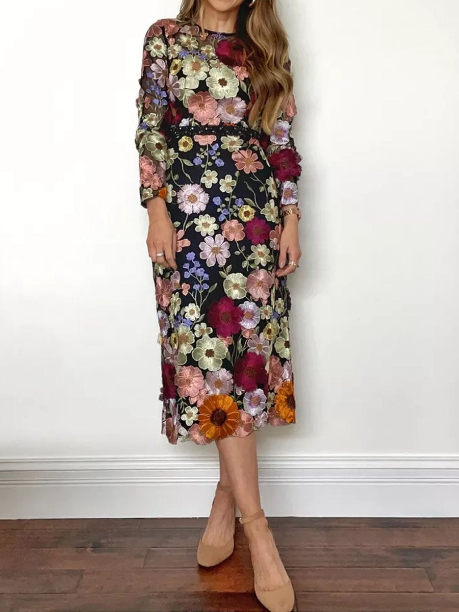 Floral Embroidered Boat Neckline See Through Long Sleeve Party Midi Dress