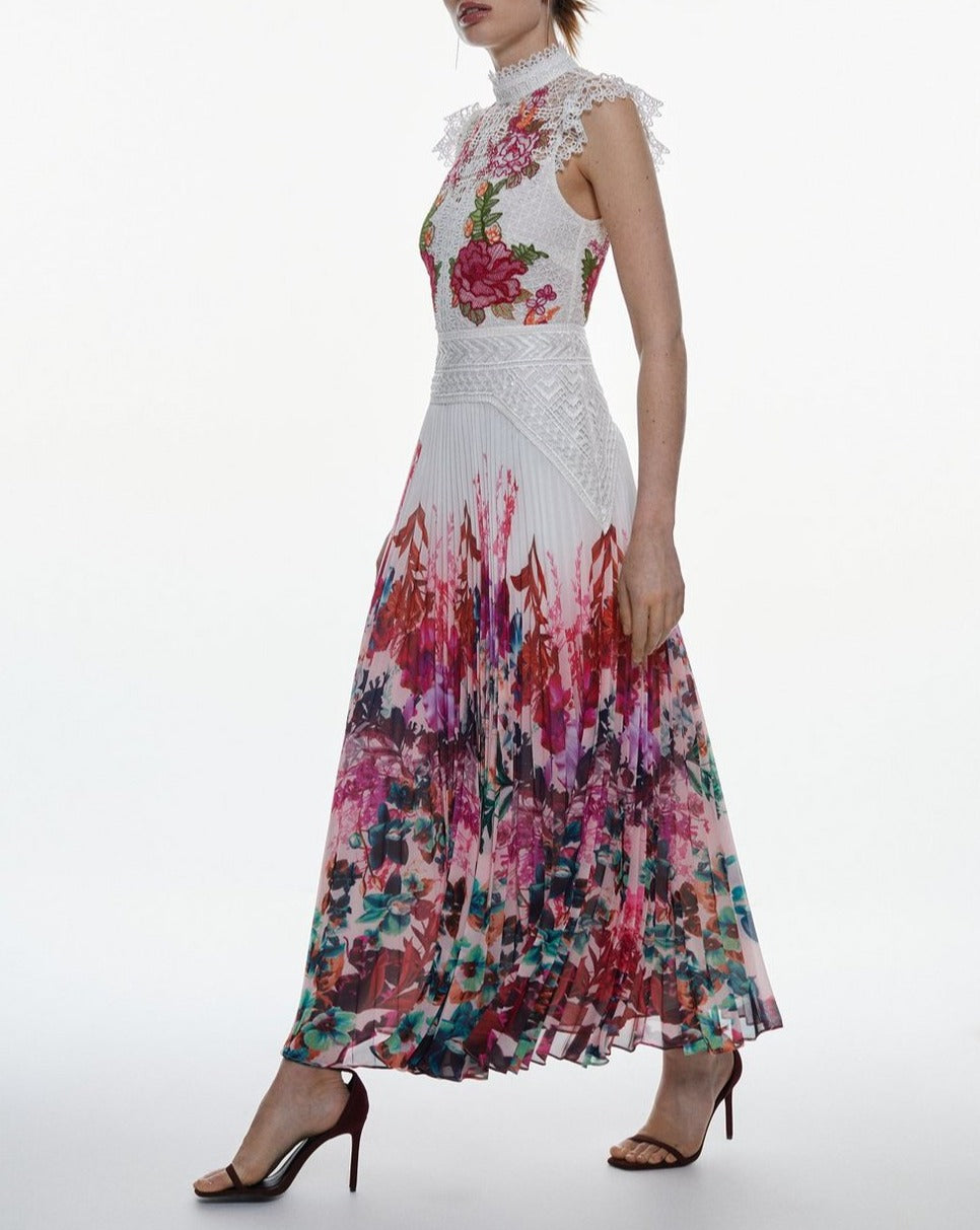 Lace Floral Pleated Midi Dress