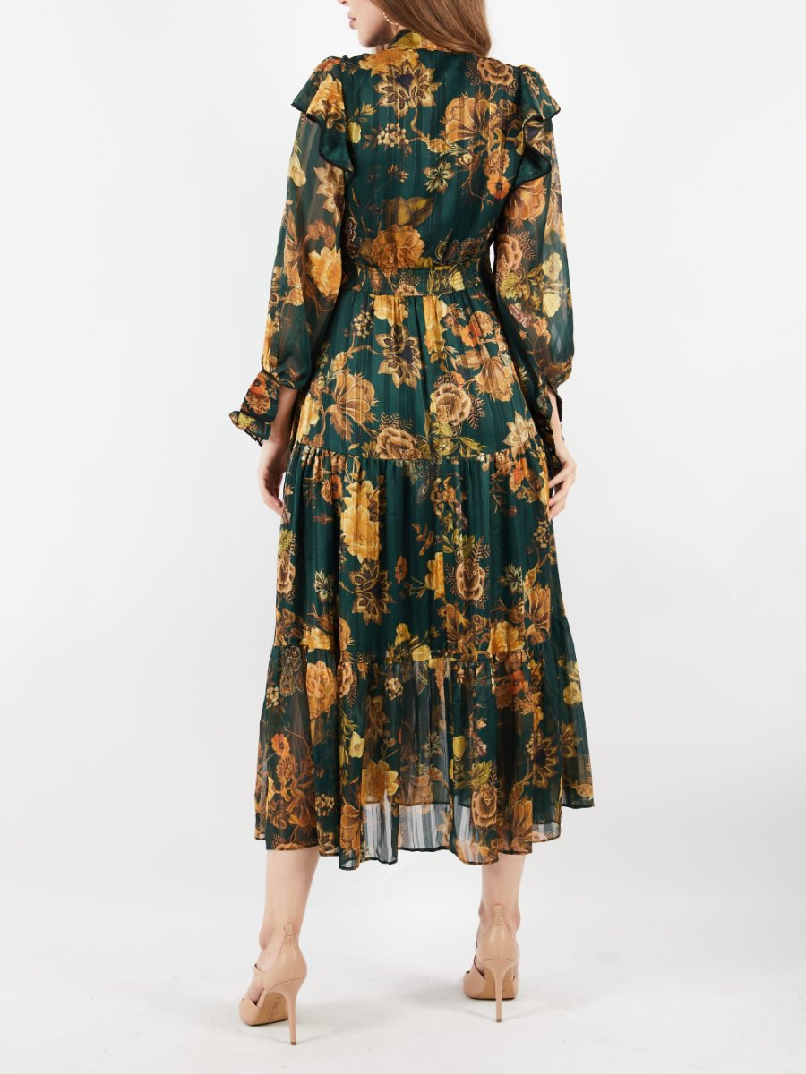 Green/Brown Floral Maxi Casual Dress