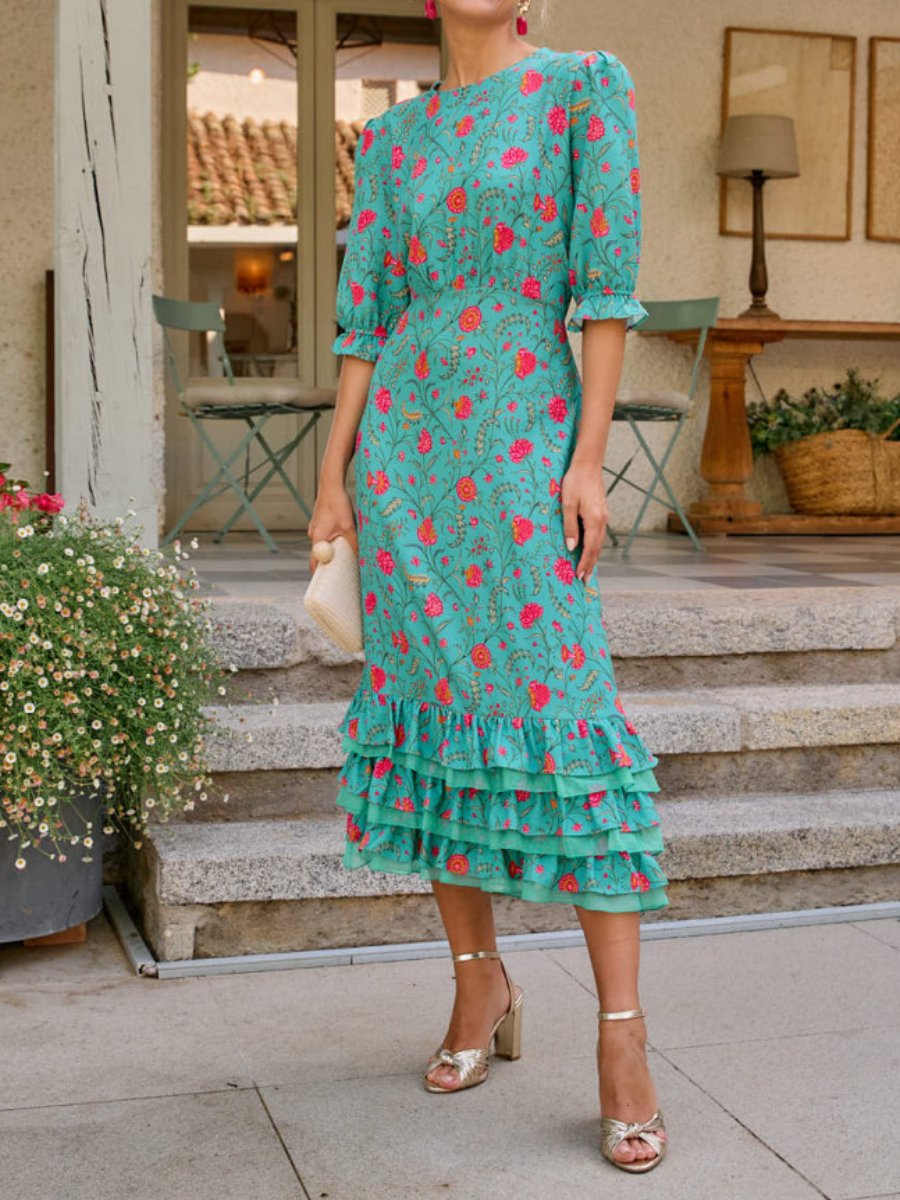 Floral Print In Turquoise Midi Dress