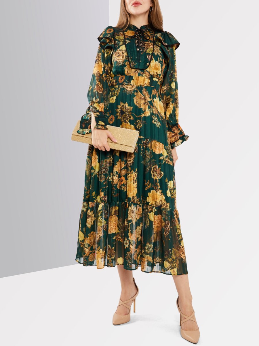 Green/Brown Floral Maxi Casual Dress