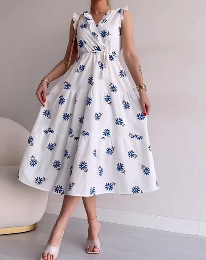 White sleeveless blue flower dress