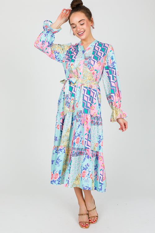 Patchwork bandeau dress, blue/pink