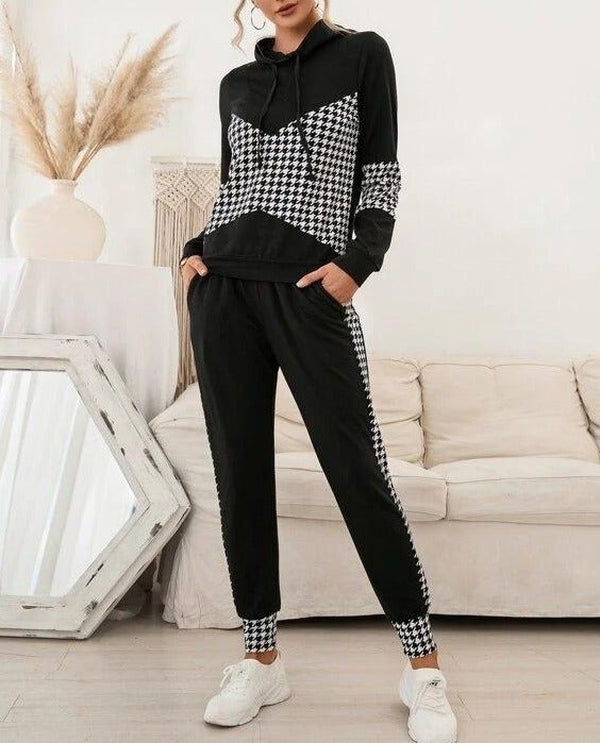Classy Hoodie Houndstooth Print Two Piece Set