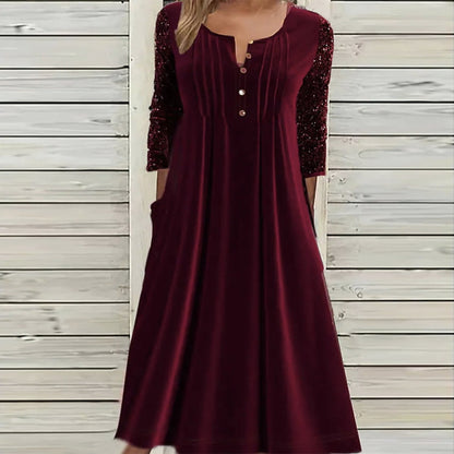 Burgundy Side Pocket Midi Velvet Dress