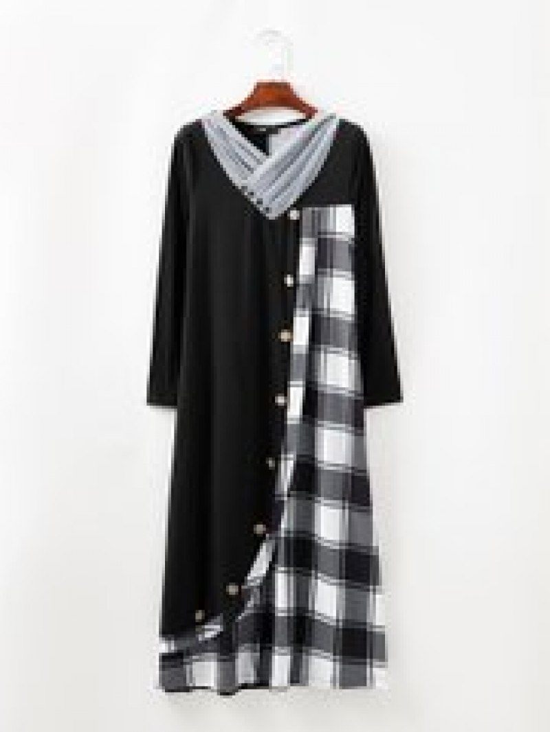 Grid Long Sleeves Long Maxi Dress