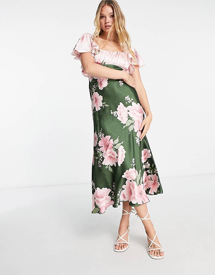 Floral Print Flutter Sleeve Midi Dress