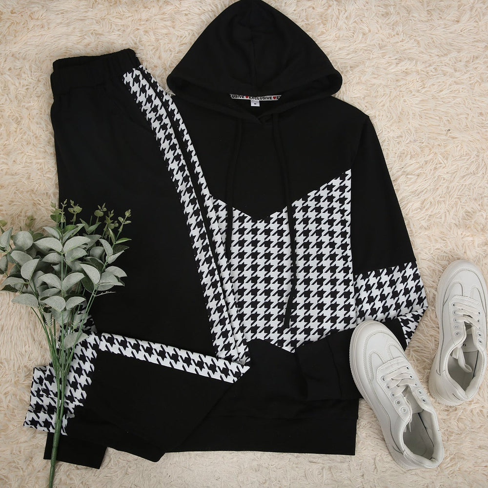 Classy Hoodie Houndstooth Print Two Piece Set