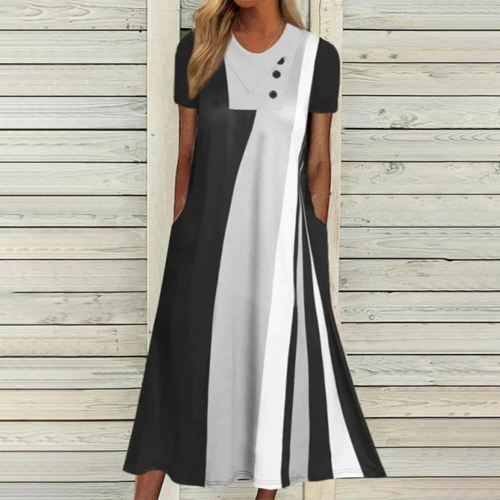Black Scoop Neck Short Sleeve Graphic Midi Dress